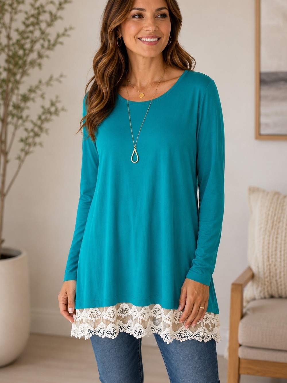 Teal Long-Sleeve Lace-Hem Tunic Top